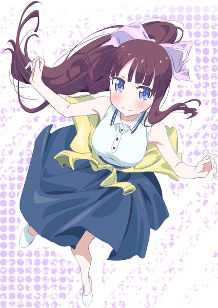 Anime picture 1450x2048 with new game! doga kobo takimoto hifumi pink x single long hair tall image blush fringe blue eyes brown hair bare shoulders payot ponytail from above spread arms clothes around waist girl skirt bow