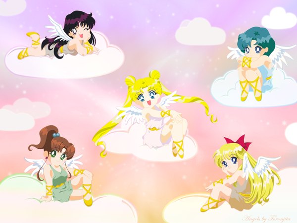 Anime picture 1600x1200 with bishoujo senshi sailor moon toei animation tsukino usagi aino minako kino makoto mizuno ami hino rei chibi angel