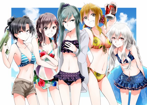 Anime picture 1379x992 with kagerou project shaft (studio) tateyama ayano mary (kagerou project) kido tsubomi kisaragi momo asahina hiyori maiori 00 looking at viewer breasts light erotic black hair blonde hair smile brown hair standing twintails multiple girls holding looking away