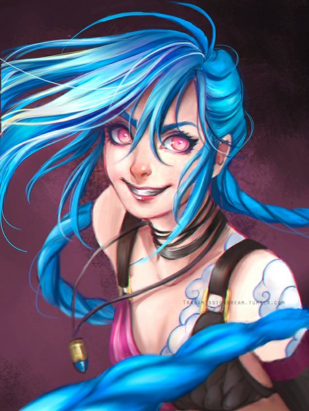 Anime picture 636x846 with league of legends jinx (league of legends) transmission dream single tall image fringe simple background smile bare shoulders signed blue hair braid (braids) very long hair pink eyes from above teeth tattoo twin braids dark background eyebrows