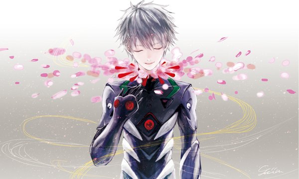 Anime picture 2000x1200 with neon genesis evangelion gainax nagisa kaworu ihciuy0211 single fringe highres short hair smile hair between eyes wide image signed upper body eyes closed parted lips grey hair gradient background boy bodysuit pilot suit