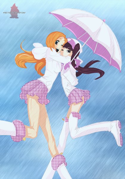 Anime picture 1102x1573 with bleach studio pierrot inoue orihime dokugamine riruka molyneux93 tall image open mouth smile twintails multiple girls brown eyes sky cloud (clouds) one eye closed wink grey eyes hug coloring rain shared umbrella