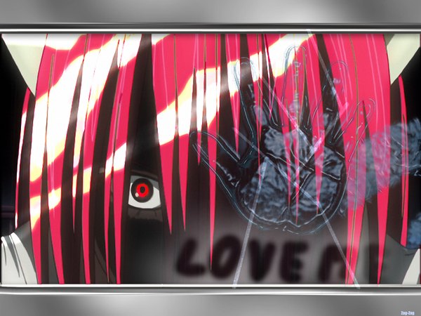 Anime picture 1600x1200 with elfen lied arms corporation lucy single long hair looking at viewer red eyes pink hair horn (horns) inscription close-up angry girl