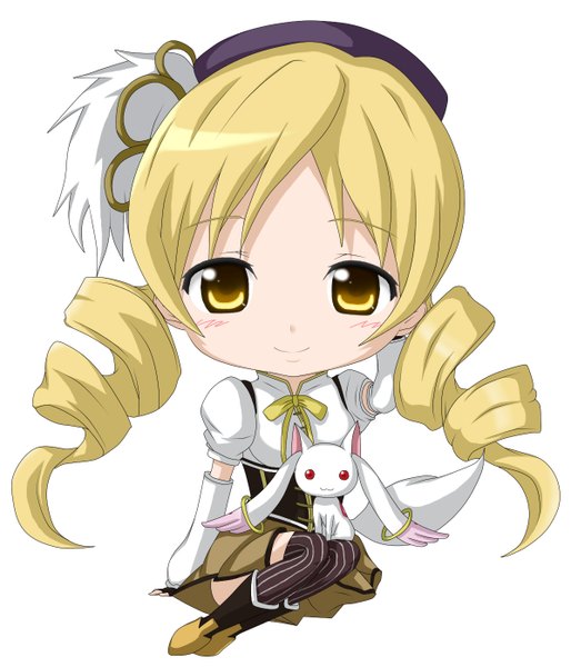 Anime picture 1196x1397 with mahou shoujo madoka magica shaft (studio) tomoe mami kyuubee kuena single long hair tall image simple background blonde hair white background twintails yellow eyes drill hair girl hat detached sleeves animal