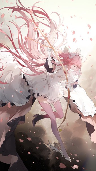 Anime picture 679x1200 with mahou shoujo madoka magica shaft (studio) kaname madoka goddess madoka nine (liuyuhao1992) single tall image fringe twintails pink hair bent knee (knees) eyes closed very long hair wide sleeves short sleeves short twintails girl thighhighs dress gloves