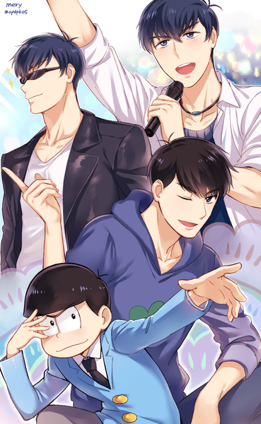 Anime picture 800x1300 with osomatsu-san matsuno karamatsu mery (yangmalgage) tall image fringe open mouth black hair hair between eyes signed blue hair looking away one eye closed arm up wink outstretched arm multiple persona formal alternate hair color alternate eye color f6
