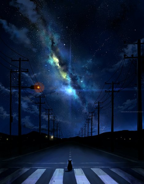 Anime picture 928x1186 with original megatruh tall image cloud (clouds) night night sky light no people landscape scenic milky way crosswalk animal star (stars) cat power lines road