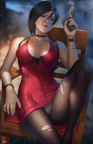 Anime picture 3300x5100 with resident evil ada wong nopeys single tall image looking at viewer highres short hair breasts light erotic black hair large breasts sitting bare shoulders brown eyes signed absurdres cleavage parted lips arm up