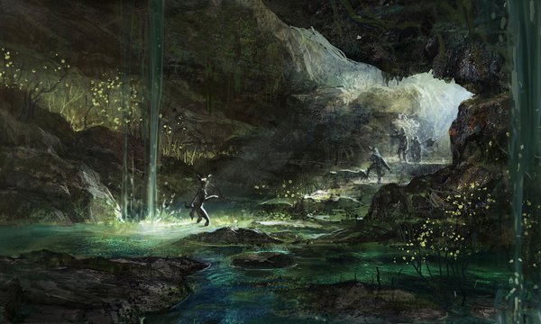Anime picture 1600x960 with tera online wide image animal ears wallpaper mountain landscape waterfall boy weapon water armor