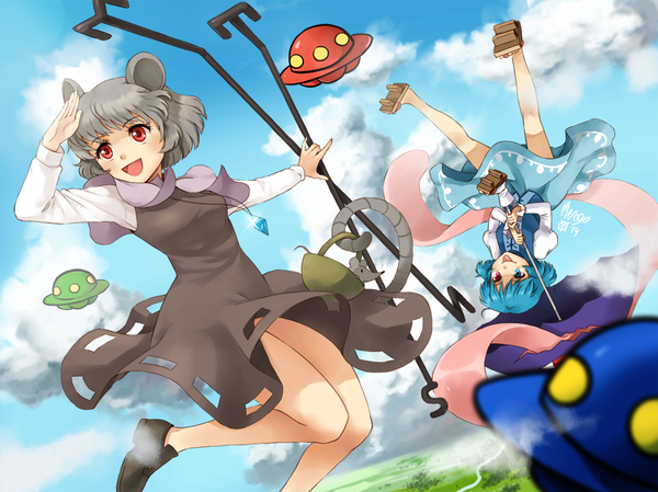 Anime picture 1063x797 with touhou tatara kogasa nazrin meago (artist) short hair open mouth blue eyes multiple girls animal ears blue hair looking away sky cloud (clouds) tail animal tail grey hair heterochromia outstretched arm upside down weightlessness