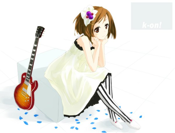 Anime picture 1045x796 with k-on! kyoto animation hirasawa yui gotyou single short hair red eyes brown hair white background sitting looking away full body copyright name head rest girl dress hair ornament petals pantyhose white dress