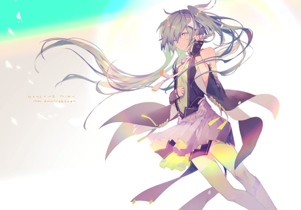 Anime picture 1260x884 with vocaloid hatsune miku yamakawa single long hair looking at viewer fringe standing twintails bare shoulders aqua eyes wind grey hair character names adjusting hair backlighting anniversary girl thighhighs detached sleeves