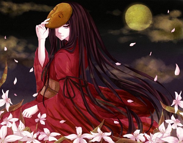 Anime picture 1000x781 with fatal frame haibara sakuya junjam single black hair red eyes cloud (clouds) very long hair night mask on head girl flower (flowers) petals moon mask