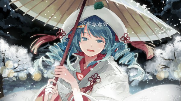 Anime picture 1200x675 with vocaloid hatsune miku yuki miku yuki miku (2013) michi (iawei) single long hair looking at viewer open mouth blue eyes wide image blue hair traditional clothes japanese clothes drill hair snowing winter girl hair ornament plant (plants)