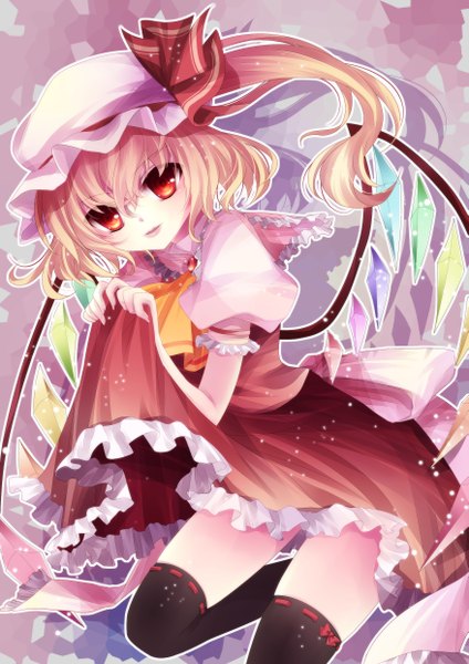 Anime picture 1753x2480 with touhou flandre scarlet mikazuki sara tall image highres light erotic blonde hair red eyes one side up girl thighhighs dress black thighhighs wings crystal