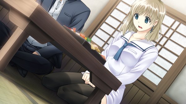 Anime picture 2048x1152 with tokyo babel highres short hair open mouth blue eyes wide image game cg white hair girl thighhighs black thighhighs earrings serafuku food