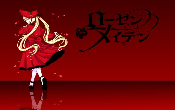 Anime picture 2654x1672 with rozen maiden shinku orbg (artist) single long hair highres blue eyes blonde hair looking back from behind inscription loli red background girl dress petals bonnet red dress