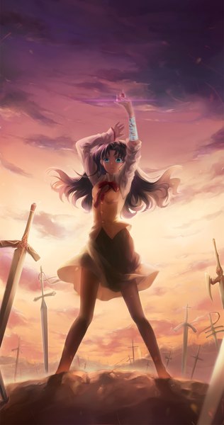 Anime picture 886x1682 with fate (series) fate/stay night type-moon toosaka rin yih single long hair tall image looking at viewer fringe blue eyes brown hair standing twintails sky cloud (clouds) sunlight arms up sunbeam twisty sleeves
