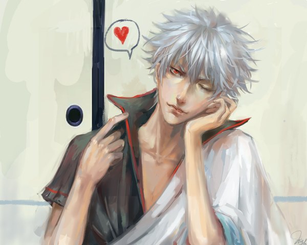 Anime picture 2500x2000 with gintama sunrise (studio) sakata gintoki hkun konnan single highres short hair red eyes silver hair japanese clothes one eye closed wink realistic arm support boy heart kimono