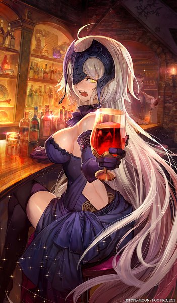 Anime picture 702x1200 with fate (series) fate/grand order fate/apocrypha fate/zero jeanne d'arc (fate) (all) jeanne d'arc alter (fate) caster (fate/zero) lack tall image looking at viewer short hair open mouth light erotic blonde hair sitting holding yellow eyes cleavage ahoge very long hair