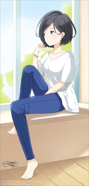 Anime picture 740x1540 with original jellybear single tall image short hair blue eyes black hair sitting signed looking away profile barefoot girl bracelet window jeans blue jeans