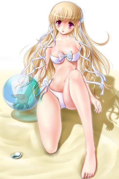 Anime picture 1280x1920 with honey coming clarissa satsuki maezono miharin (artist) long hair tall image blush breasts light erotic blonde hair pink eyes barefoot legs girl navel ribbon (ribbons) swimsuit hair ribbon bikini white bikini beachball