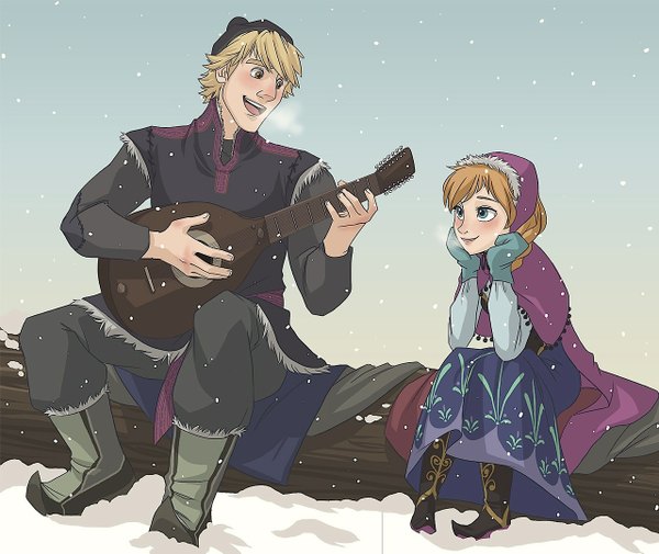 Anime picture 1280x1079 with frozen (disney) disney anna (frozen) kristoff (frozen) xxmemoriezxx long hair blush short hair blue eyes blonde hair brown hair sitting brown eyes orange hair couple snowing winter snow exhalation singing