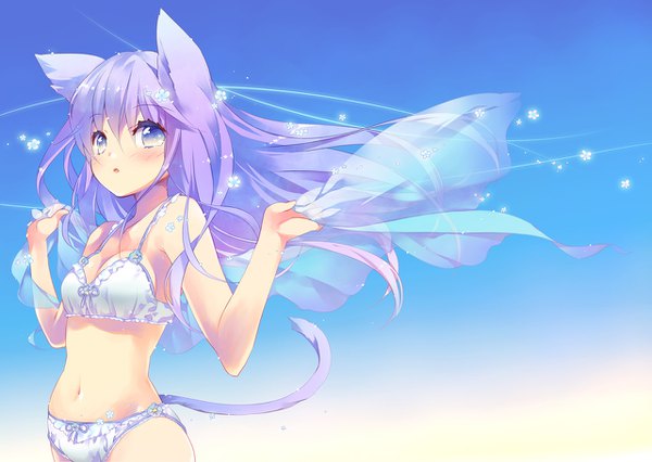 Anime picture 1280x910 with original ech single long hair looking at viewer blush fringe breasts blue eyes light erotic simple background hair between eyes standing holding animal ears purple hair tail parted lips animal tail cat ears