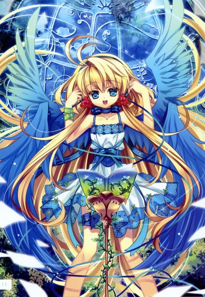 Anime picture 2443x3539 with capura lin single long hair tall image highres open mouth blue eyes blonde hair ahoge girl ribbon (ribbons) wings book (books)