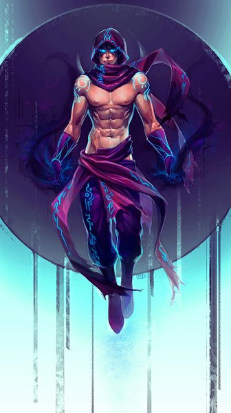 Anime picture 561x1000 with league of legends malzahar (league of legends) irahi single tall image looking at viewer short hair breasts blue eyes black hair nipples light smile magic glowing glowing eye (eyes) flying muscle crack boy gloves