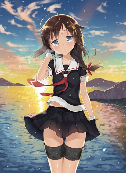 Anime picture 600x823 with kantai collection shigure destroyer kurasawa moko single long hair tall image looking at viewer blue eyes brown hair sky cloud (clouds) ahoge braid (braids) light smile wind single braid evening sunset remodel (kantai collection) girl