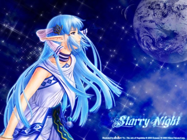 Anime picture 1600x1200 with ys ys vi ark of napishtim olha (ys) single blue eyes signed blue hair looking away profile pointy ears sparkle copyright name third-party edit space girl hair ornament planet