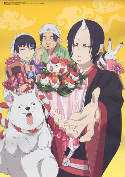 Anime picture 1785x2510 with hoozuki no reitetsu wit studio hoozuki (hoozuki no reitetsu) hakutaku (hoozuki no reitetsu) shiro (hoozuki no reitetsu) tagme (artist) tall image highres short hair open mouth black hair traditional clothes japanese clothes horn (horns) scan official art yellow background demon boy flower (flowers)