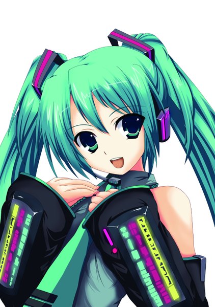 Anime picture 2079x2953 with vocaloid hatsune miku nekur single long hair tall image looking at viewer highres open mouth simple background white background twintails bare shoulders green eyes green hair girl detached sleeves necktie headphones