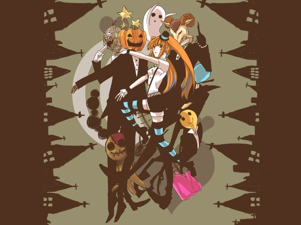 Anime picture 1390x1042 with vocaloid mrs.pumpkin no kokkei na yume (vocaloid) long hair red eyes orange hair group halloween ghost crescent girl thighhighs gloves hat shirt shorts heart bowtie star (symbol) building (buildings) striped thighhighs