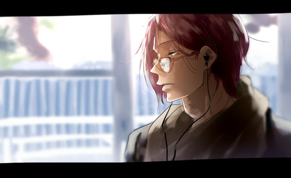 Anime picture 1440x883 with free! kyoto animation matsuoka rin an d o single short hair red eyes wide image looking away outdoors red hair profile sunlight light sad boy glasses headphones scarf wire (wires)