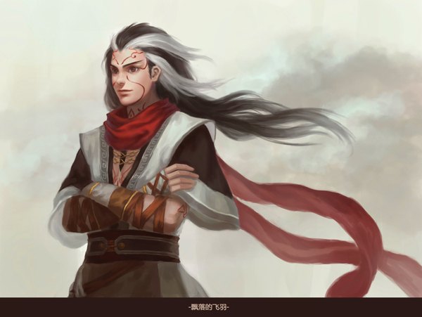 Anime picture 1500x1129 with the legend of ancient sword piaoluo de fei yu single long hair simple background brown eyes looking away traditional clothes multicolored hair inscription two-tone hair tattoo hieroglyph crossed arms face paint boy belt scarf