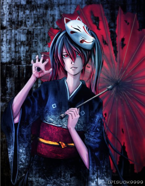 Anime picture 1800x2303 with vocaloid musunde hiraite rasetsu to mukuro (vocaloid) hatsune miku tetsuok9999 single long hair tall image highres black hair red eyes twintails traditional clothes japanese clothes multicolored hair two-tone hair mask on head girl kimono umbrella mask