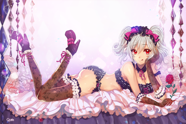 Anime picture 1500x1000 with idolmaster idolmaster cinderella girls kanzaki ranko sem single long hair looking at viewer light erotic red eyes twintails white hair underwear only beach angel girl thighhighs gloves underwear panties bow hair bow