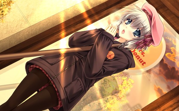 Anime picture 1024x640 with hatsukoi yohou (game) short hair open mouth blue eyes wide image game cg grey hair evening sunset girl