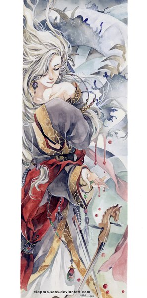 Anime picture 545x1100 with original clap-san long hair tall image fringe bare shoulders looking away white hair braid (braids) traditional clothes japanese clothes black eyes hair over one eye wide sleeves sleeves past wrists chinese clothes fantasy girl ring cross