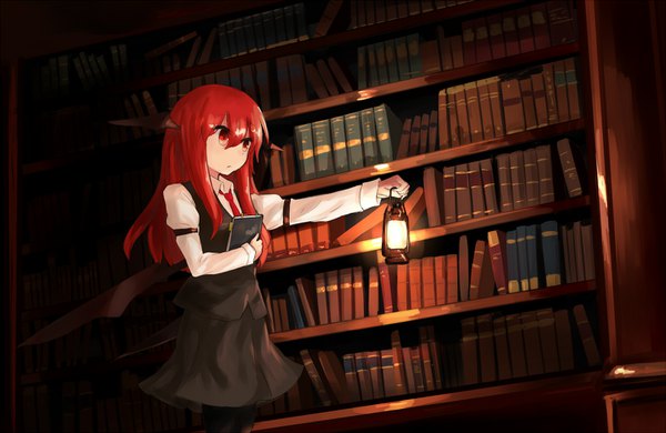 Anime picture 1476x960 with touhou koakuma hinami047 single long hair fringe hair between eyes red eyes holding looking away red hair indoors long sleeves dutch angle outstretched arm demon girl head wings demon wings girl skirt