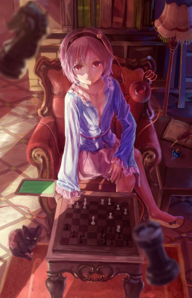 Anime picture 1100x1700 with touhou komeiji satori pupil g single tall image looking at viewer fringe short hair red eyes sitting yellow eyes pink hair cleavage light smile from above no bra shadow crossed legs victory checkered floor
