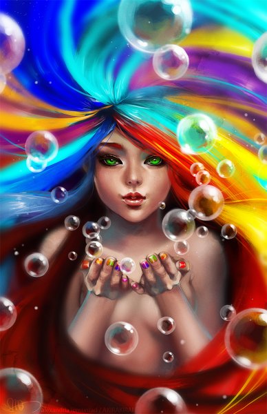 Anime picture 776x1200 with akirakirai (artist) single tall image blonde hair bare shoulders green eyes blue hair purple hair red hair nail polish multicolored hair lips aqua hair topless covering covering breasts multicolored colorful girl bubble (bubbles)
