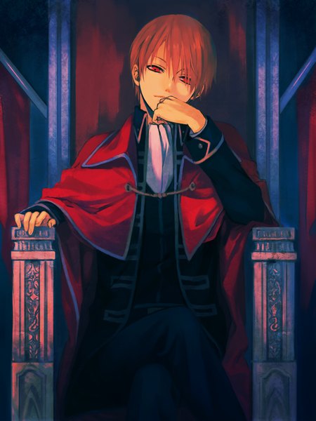 Anime picture 700x933 with gintama sunrise (studio) okita sougo mg single tall image looking at viewer fringe short hair red eyes sitting red hair head tilt arm support crossed legs boy uniform cloak neckerchief throne