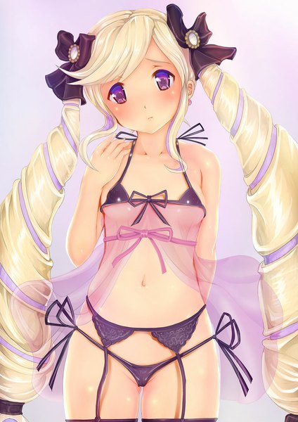 Anime picture 800x1131 with fire emblem fire emblem fates nintendo elise (fire emblem if) teruru single tall image looking at viewer blush fringe breasts light erotic simple background blonde hair standing purple eyes purple hair very long hair underwear only girl