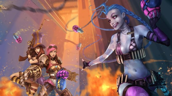 Anime picture 2600x1463 with league of legends jinx (league of legends) caitlyn (league of legends) vi (league of legends) darren geers long hair highres short hair breasts open mouth blue eyes light erotic smile brown hair wide image bare shoulders multiple girls pink hair braid (braids) very long hair
