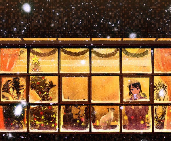 Anime picture 1200x990 with original gemi single short hair black hair smile holding payot looking away upper body indoors black eyes hair bun (hair buns) snowing snow new year against glass girl plant (plants) animal