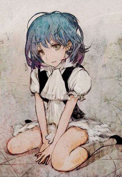 Anime picture 1200x1729 with original madokansuzuki (artist) single tall image looking at viewer short hair open mouth simple background sitting brown eyes blue hair full body grey background wariza girl earrings socks white socks