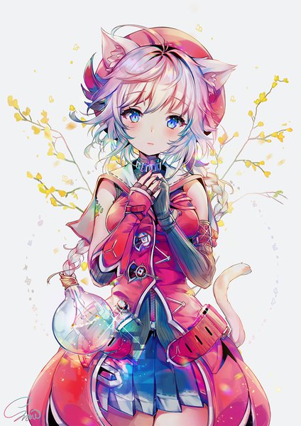 Anime picture 800x1131 with qurare: magic library miu (qurare) snow is single long hair tall image looking at viewer blush blue eyes standing signed animal ears pink hair ahoge tail braid (braids) head tilt animal tail pleated skirt cat ears